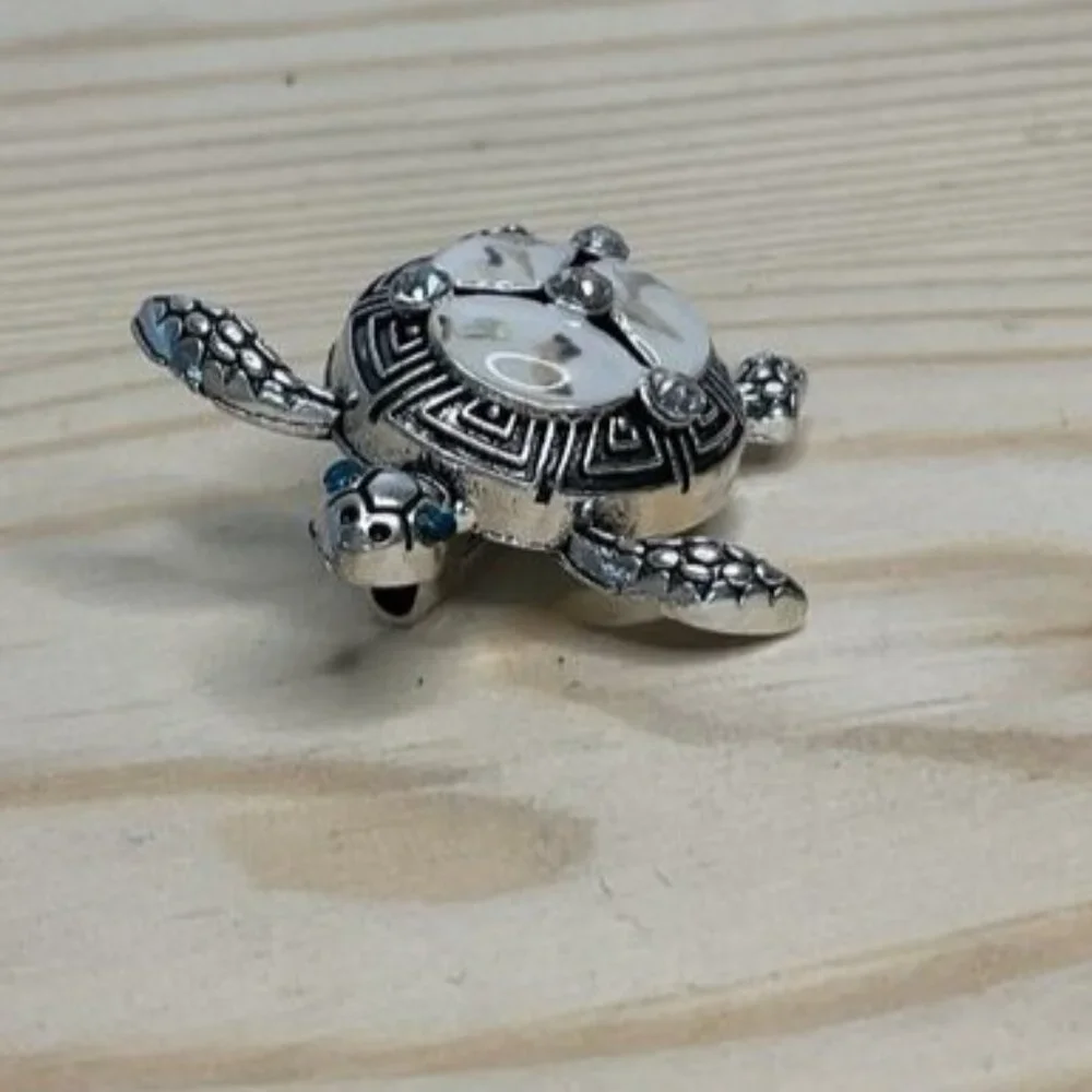 Turtle-Inspired Silver-Tone & Faux Mother-Of-Pearl Brooch Rhinestone Accents